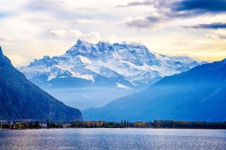 Switzerland Alps panorama at sunset from Lake Geneva