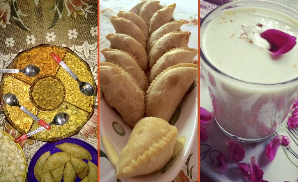 Indian salty snacks, gujia and thandai