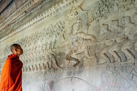 Nathan-Horton-Cambodia-Travel-Photography-Monk in Angkor Corridor