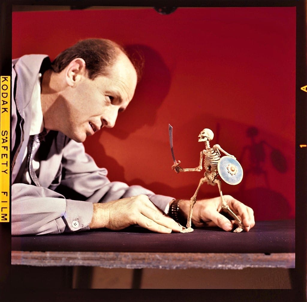 Ray Harryhausen (1920-2013) animating a skeleton model from The 7th Voyage of Sinbad, 1958 © The Ray and Diana Harryhausen Foundation