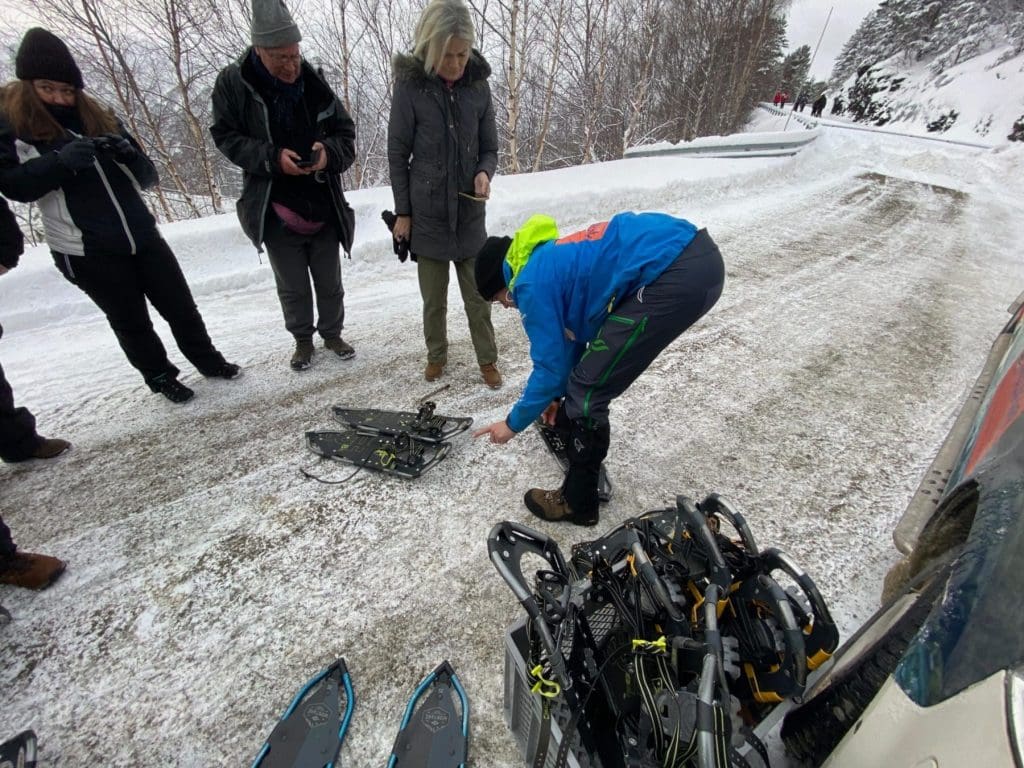 Preparing to snowshoe