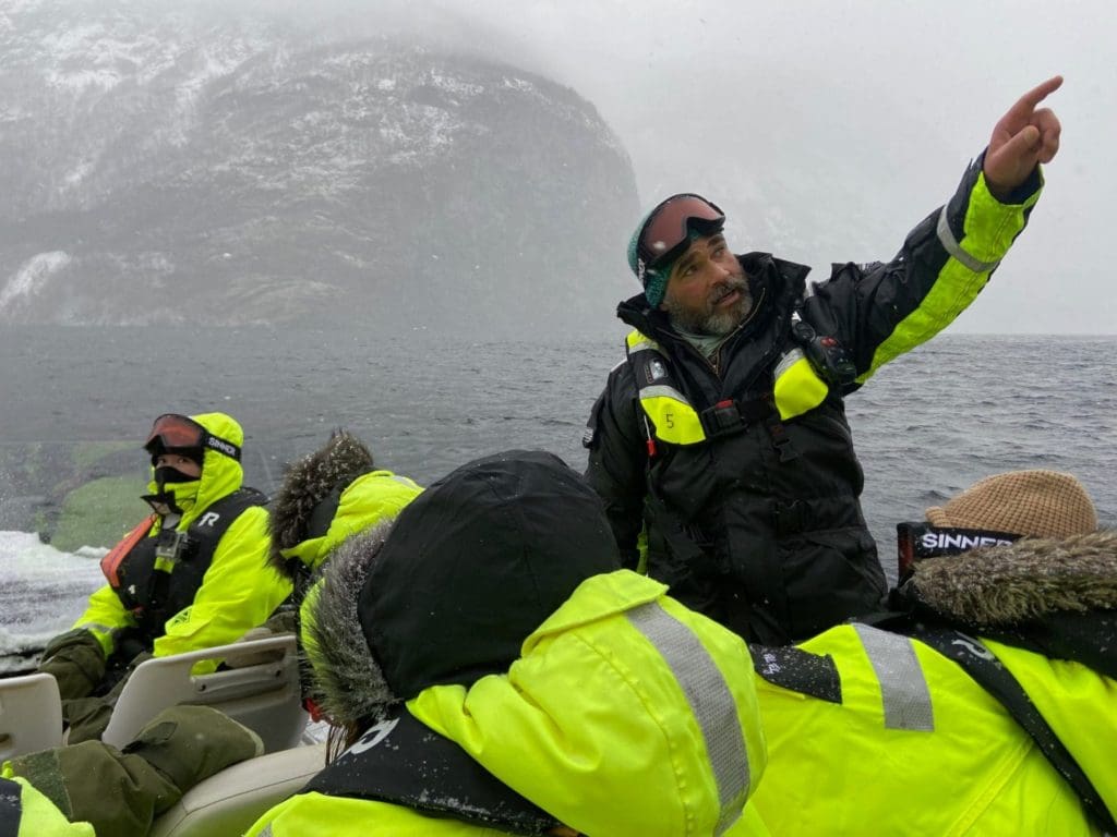 Getting directions on our RIB in Fjord Norway