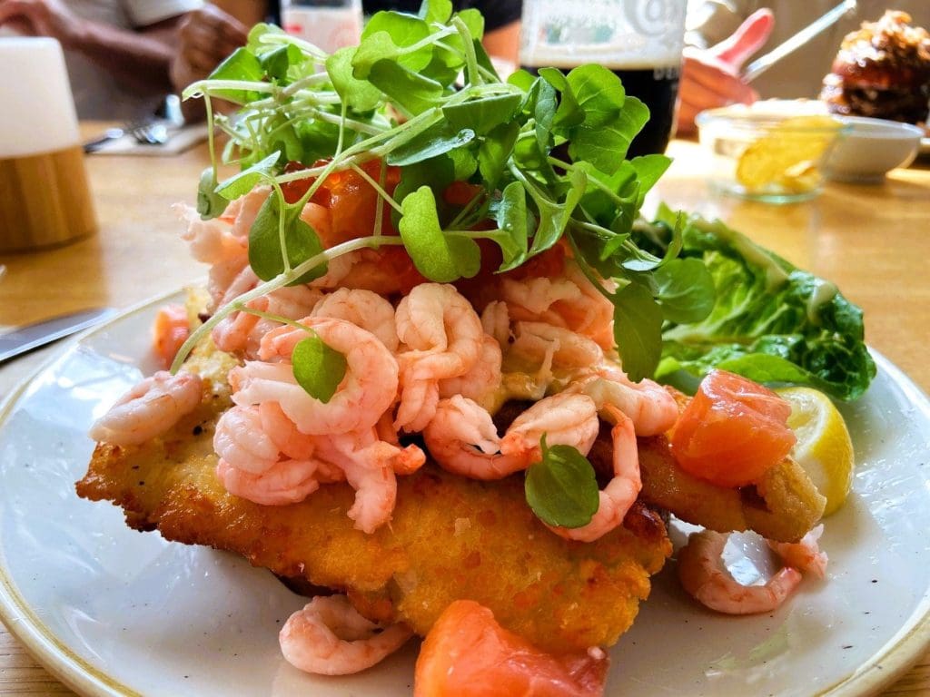 Stjerneskud or Shooting Star is a Danish open sandwich (smørrebrødet) in Horsens