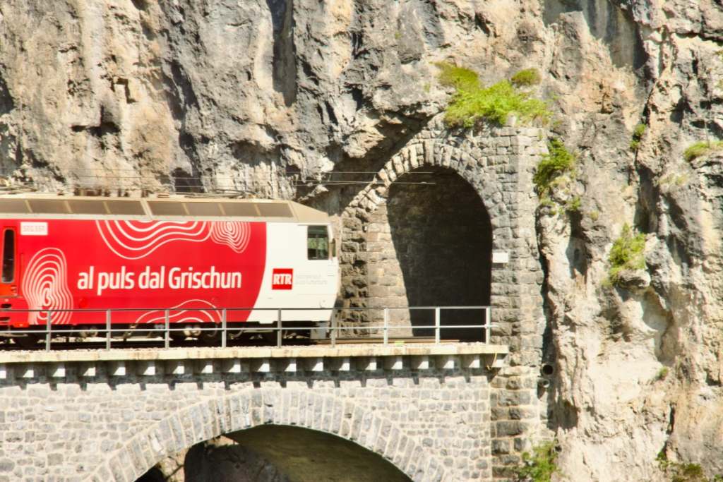 Bernina Express Crossing the Landwasser Viaduct in Switzerland